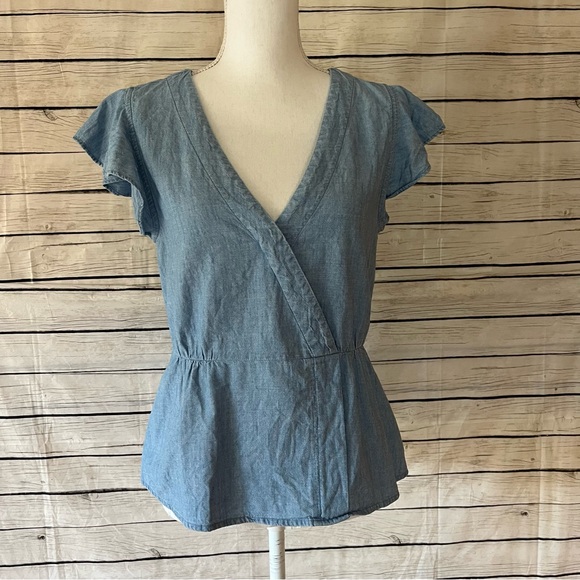 J. Crew Chambray Flutter Sleeve Faux Wrap Peplum Top - Picture 8 of 10